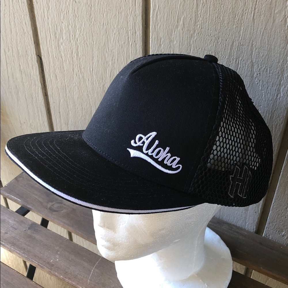 Robin Ruth Black 'Aloha' Trucker Hat with White Embroidery